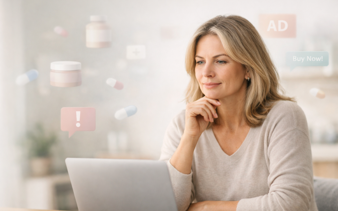 Mujer de mediana edad revisando información sobre menopausia en su laptop, rodeada de íconos que representan publicidad y desinformación en salud femenina